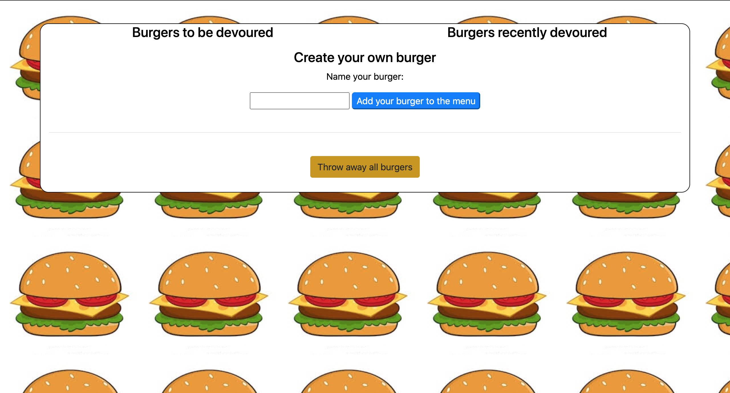 Screenshot of my burger application