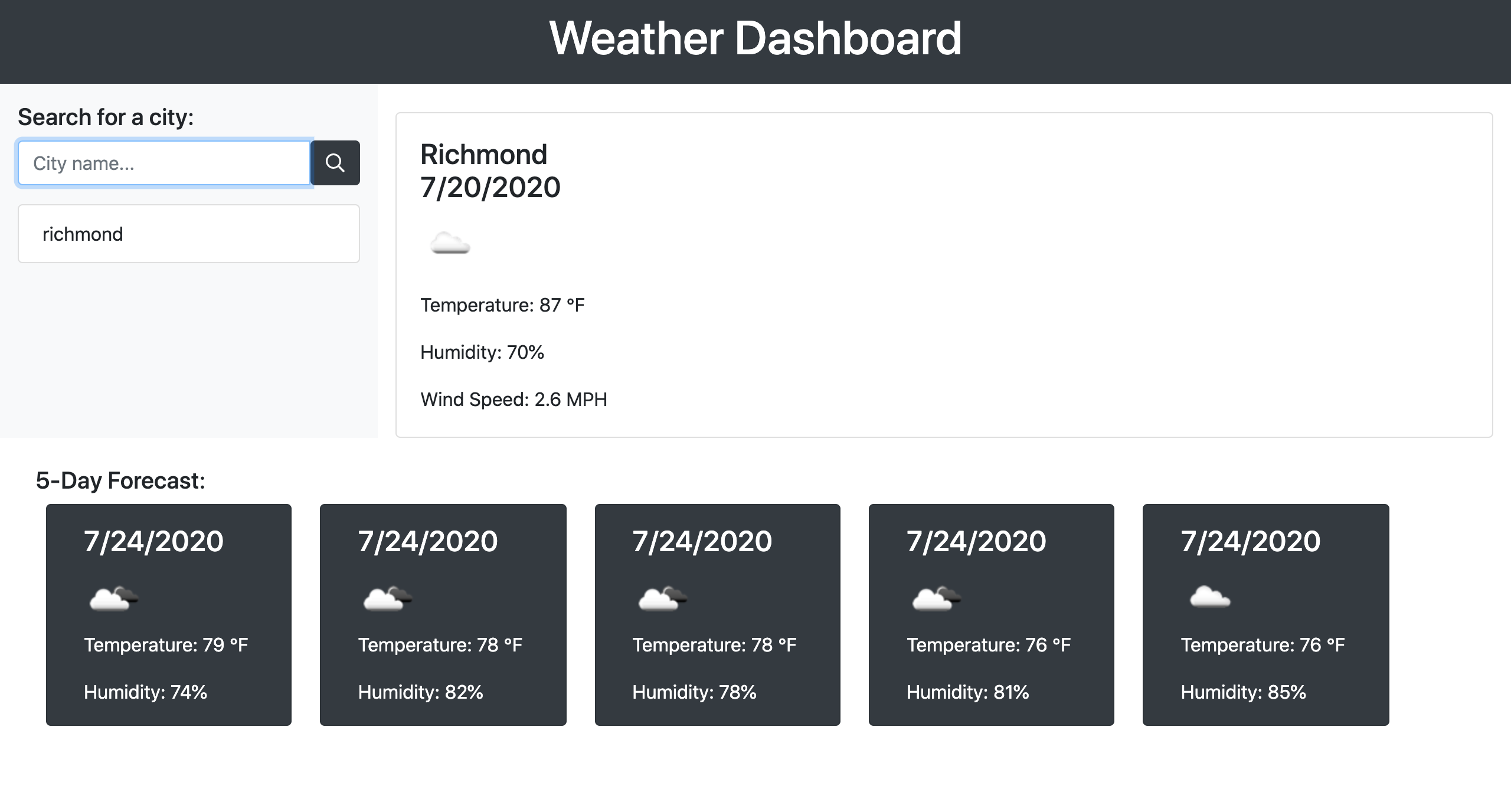 Screenshot of my weather dashboard application